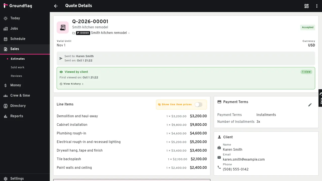 An estimate with line items in Groundflag on a sample job