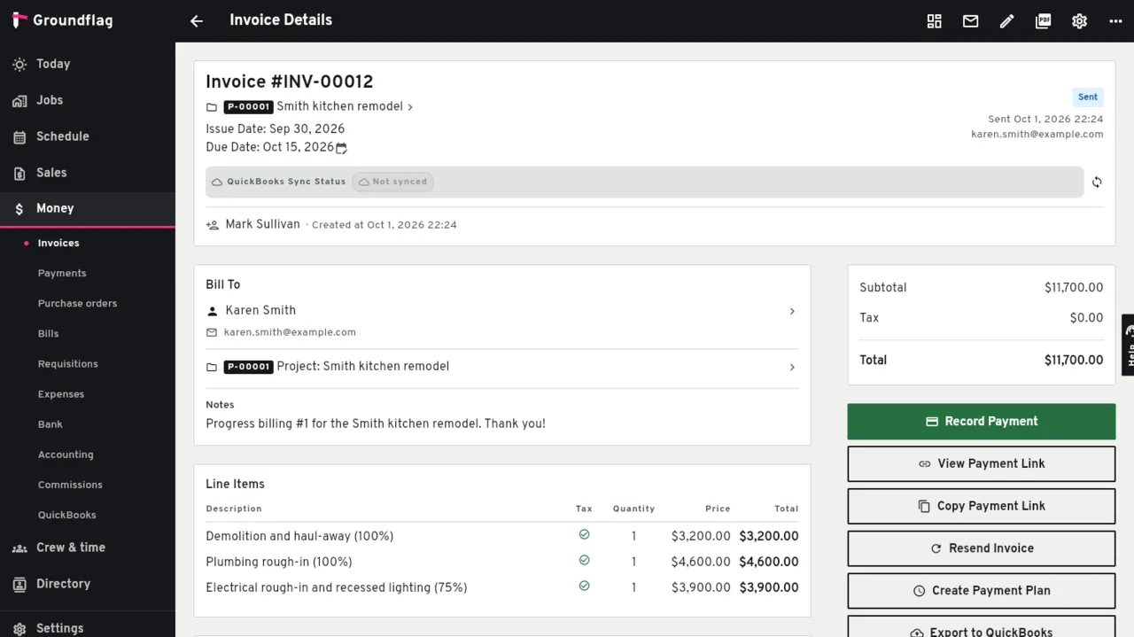 An invoice in Groundflag
