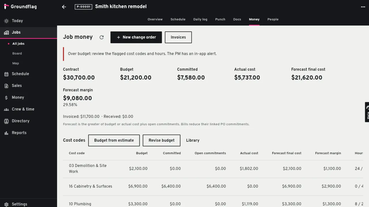 Job costing by cost code in Groundflag (sample job)