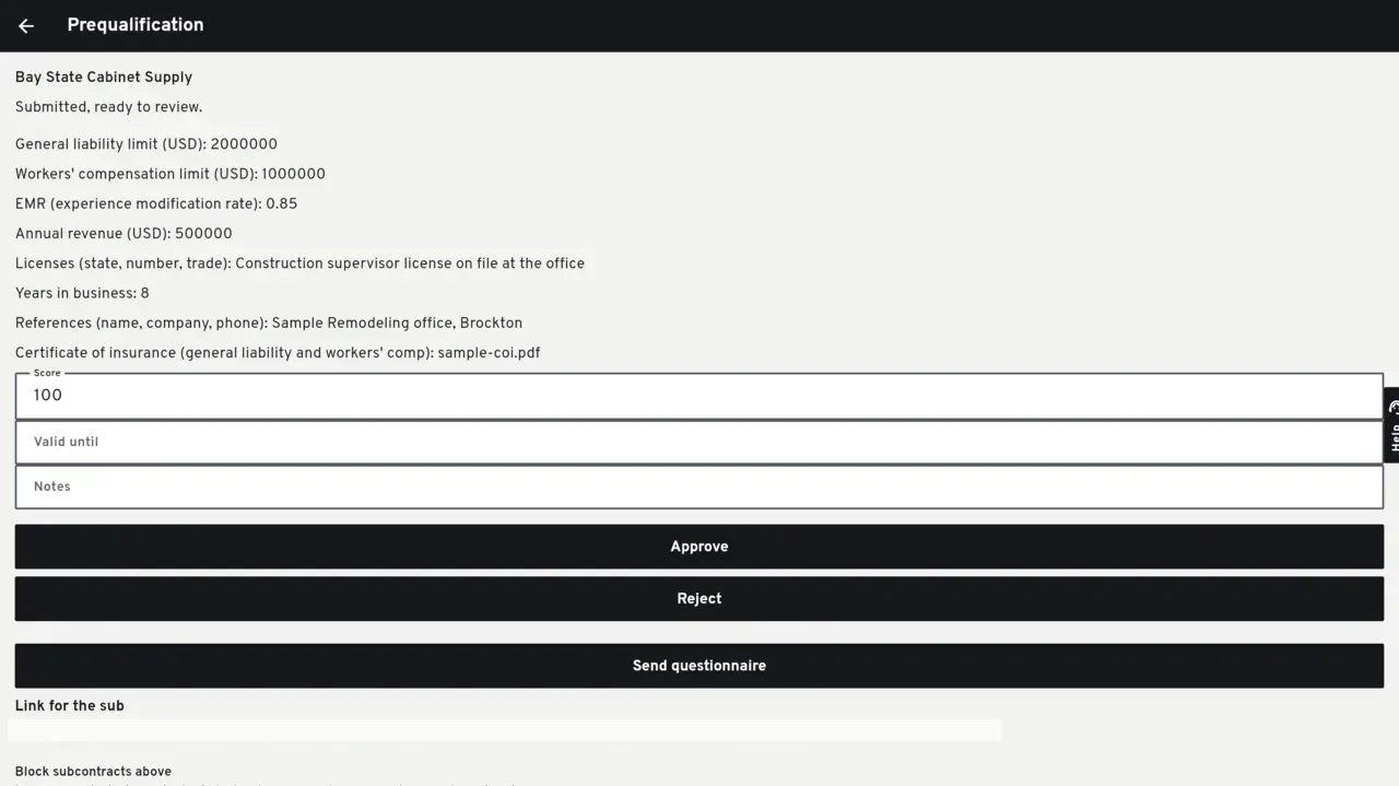 A subcontractor prequalification review in Groundflag