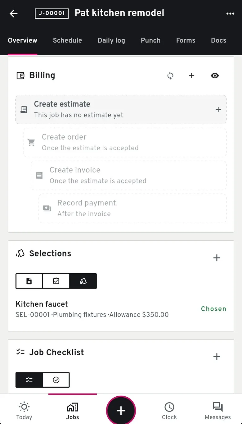 A sample job in Groundflag with a kitchen faucet selection marked chosen and a $350 allowance